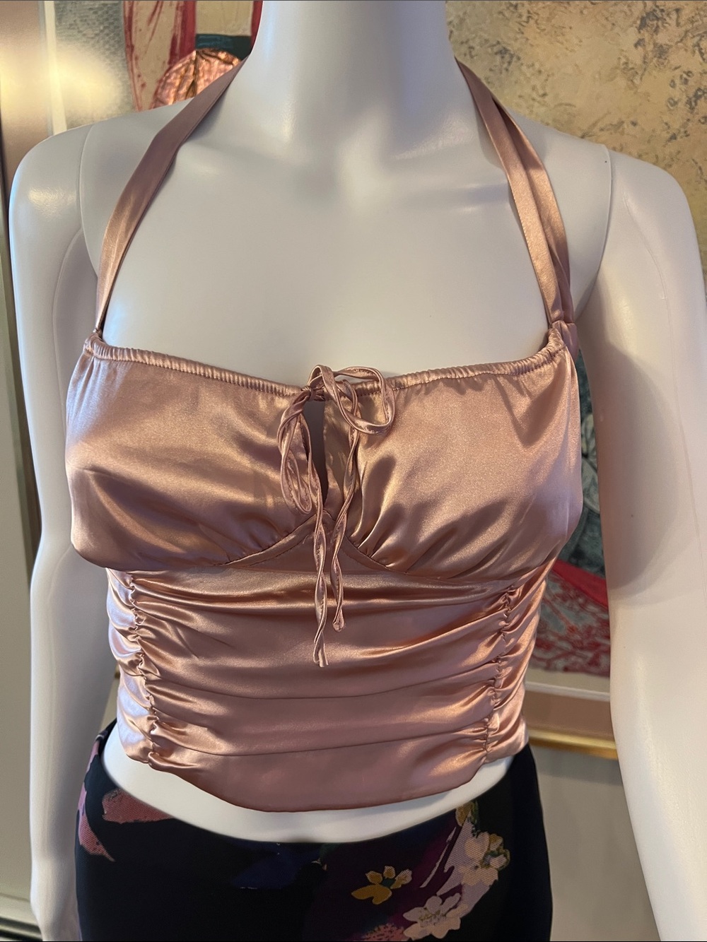 Tiger Mist Rose Gold Satin Halter Ruched Crop Top